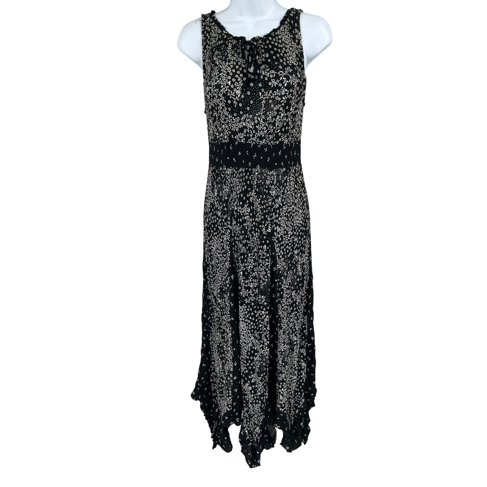 Bila Midi Dress Womens M Black Floral Boho Western Handkerchief Hem Flowy Indie
